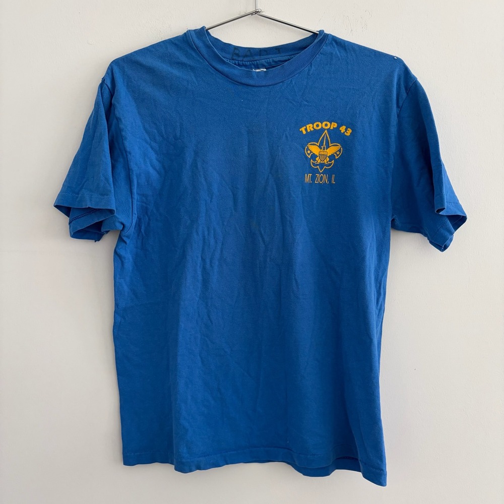 Vintage Hanes Beefy-T Boy Scouts of America BSA Troop 43 Mt Zion IL Blue T-Shirt